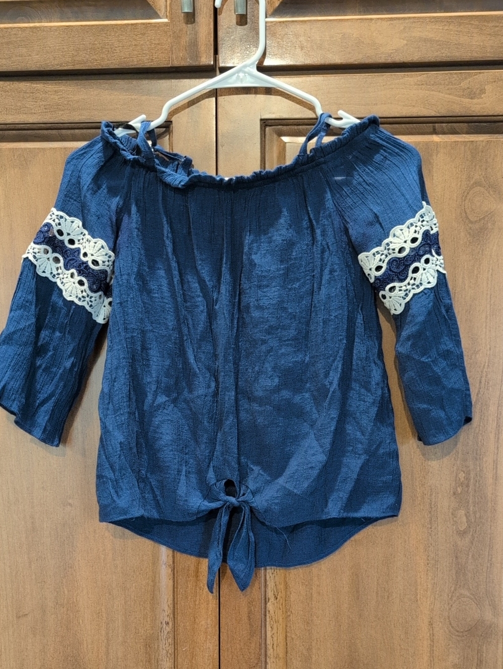 Iz Byer Blue Off-Shoulder Tie-Front Tunic with Cream Lace